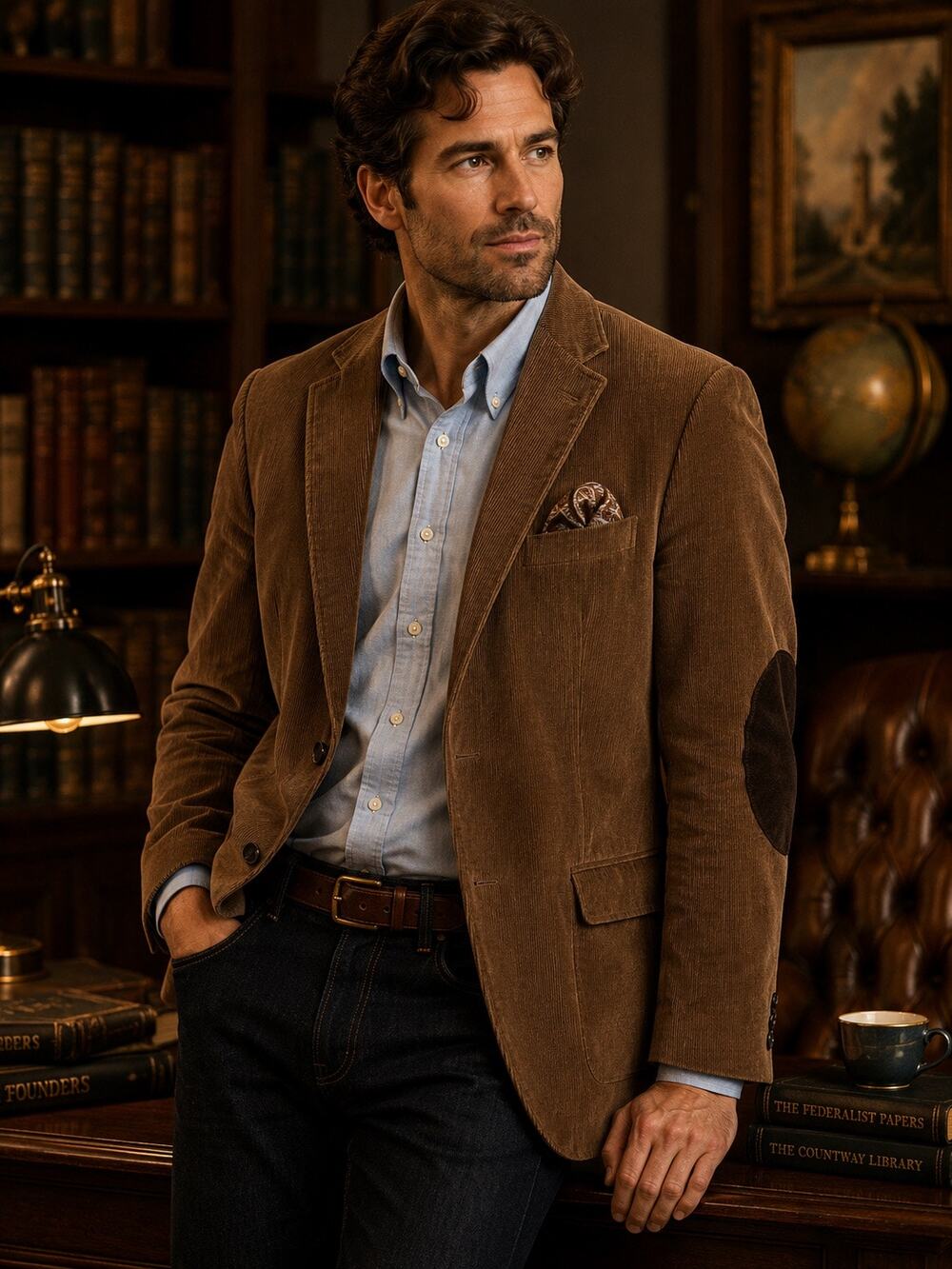 Adolfo Mens 40R Brown Corduroy Blazer Sport Coat Elbow Patch Paisley Professor